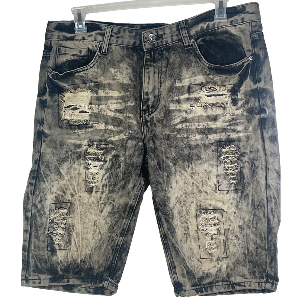 Road Narrows 36 Acid Wash Distressed Denim Shorts Grey Black 90s hiphop grunge